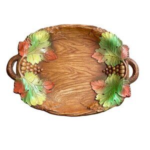 Vintage 1950s Multi Products Inc. Faux Wood Resin Tray Bowl Leaves Grapes Design